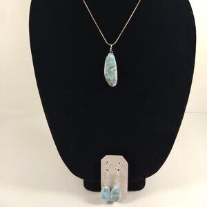 Blue Stone Silver Tone Wire Wrapped Pendant Necklace & Earring Set Hippie Boho